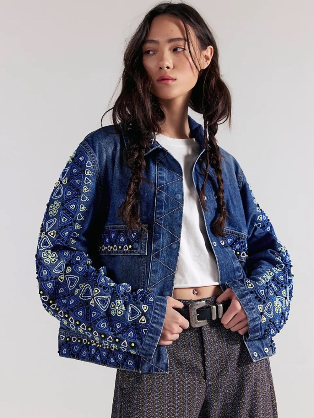 NWT We the Free Susie Beaded Denim Jean Jacket Boho Women's Size S New with tag